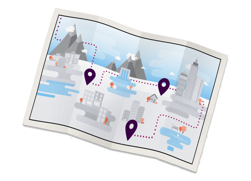 GCER25_WEB-PAGE_IMG a map, tilted, with dots to show the path of three different destinations; this is used to promote the Vonage Global Customer Engagement Report 2025